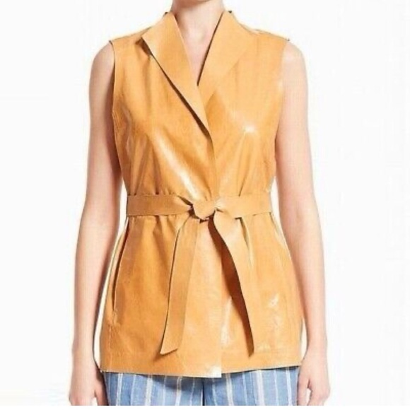 Lafayette 148 New York Crinkle Tan Leather Vest Jacket Belted Size Small. - Picture 1 of 13